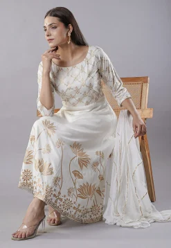 Foil Printed Rayon Anarkali Suit in Off White