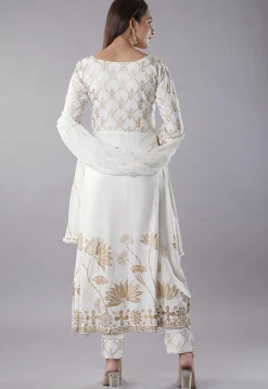 Foil Printed Rayon Anarkali Suit in Off White
