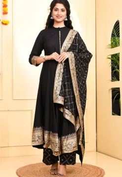 Foil Printed Rayon Anarkali Suit in Black
