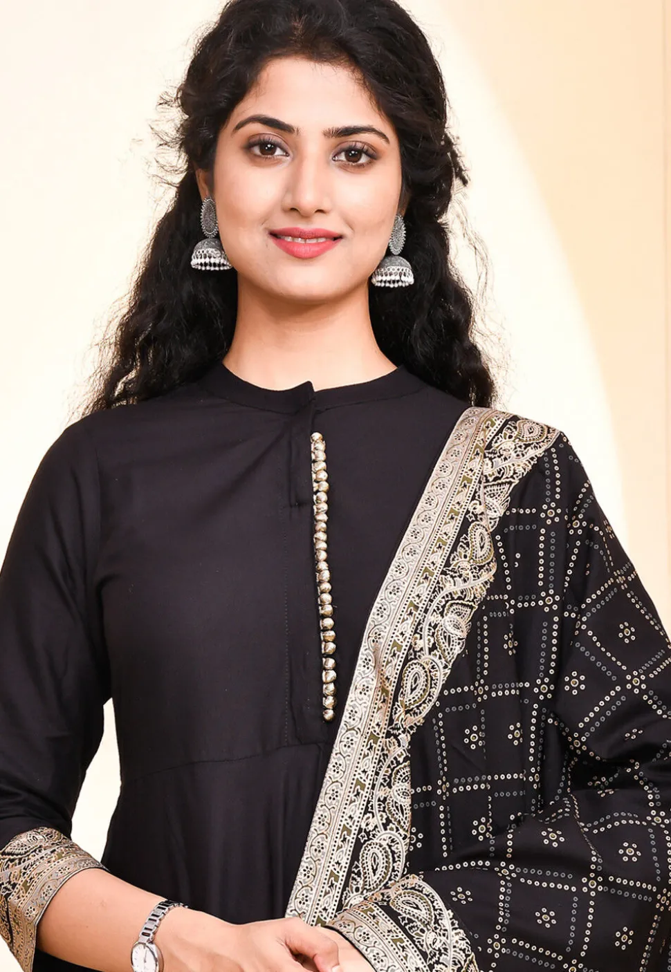 Foil Printed Rayon Anarkali Suit in Black