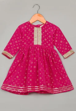 Foil Printed Rayon Kurta Set in Magenta