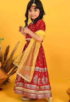 Foil Printed Rayon Lehenga in Maroon