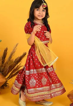 Foil Printed Rayon Lehenga in Maroon
