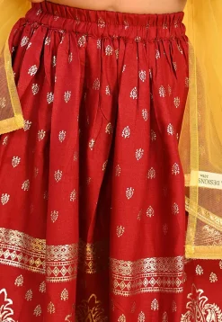 Foil Printed Rayon Lehenga in Maroon