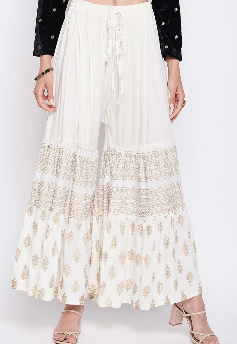 Foil Printed Rayon Sharara in Off White