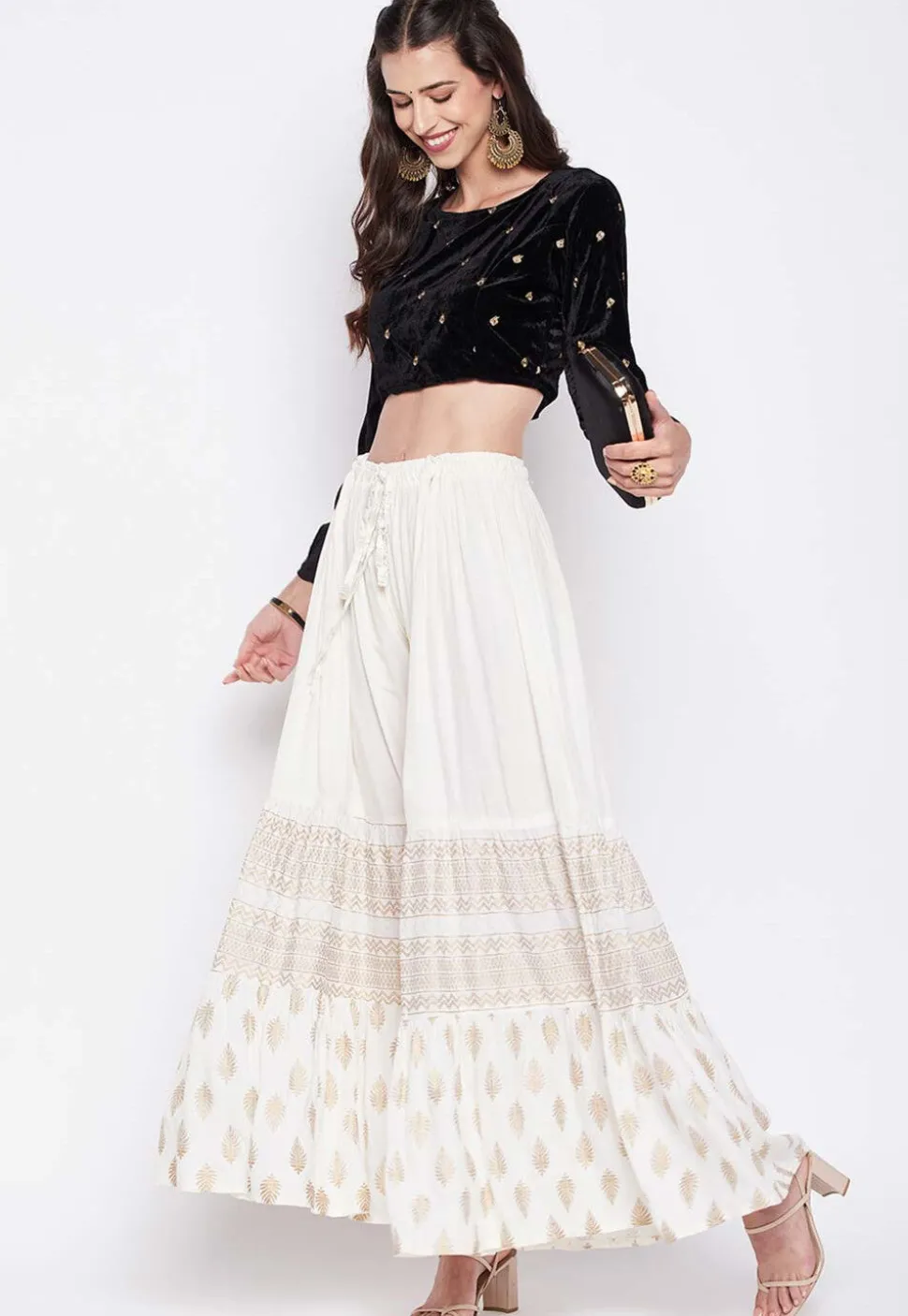 Foil Printed Rayon Sharara in Off White