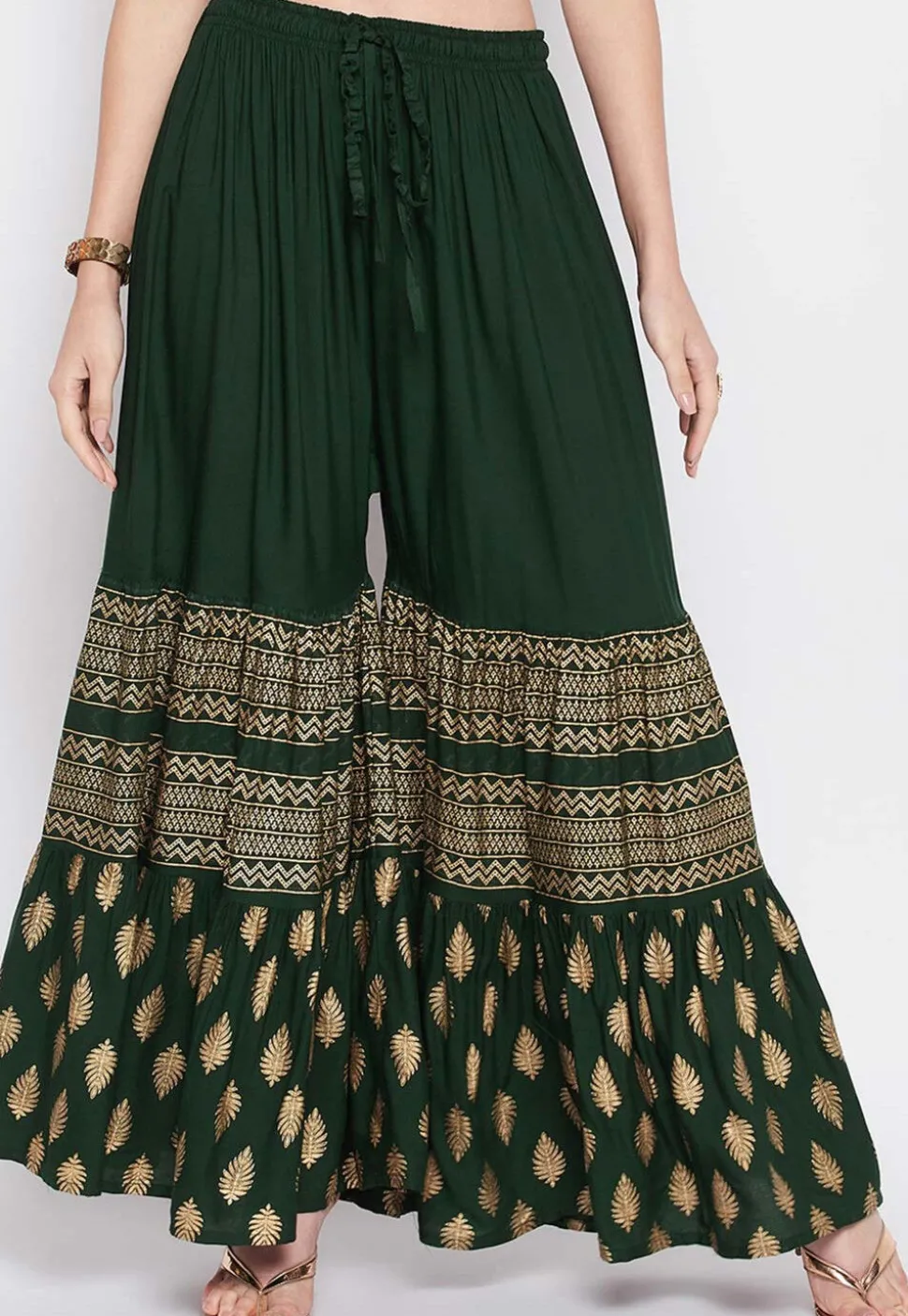Foil Printed Rayon Sharara in Dark Green