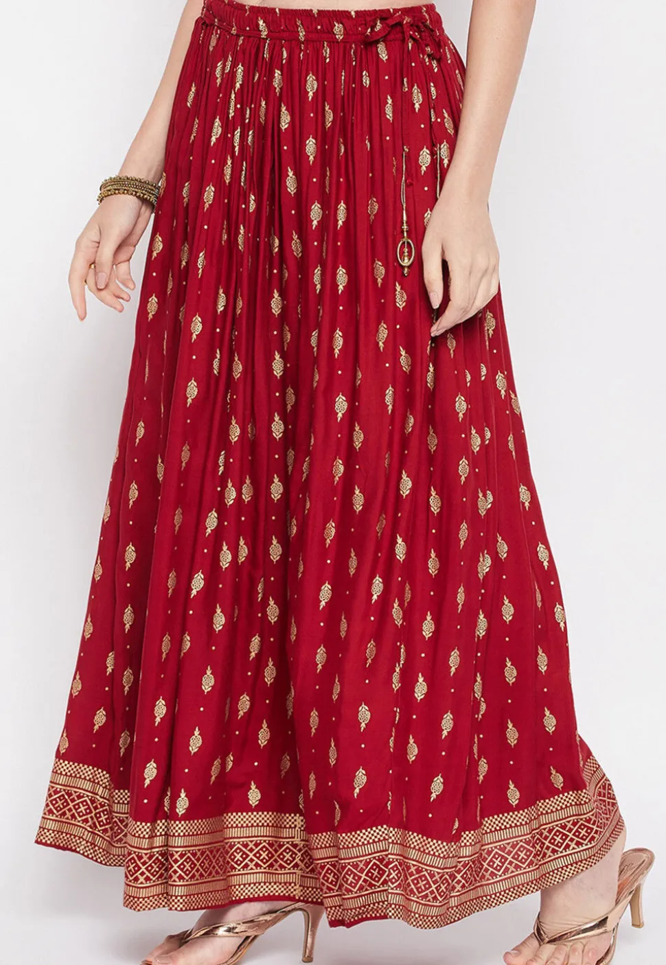 Foil Printed Rayon Skirt in Maroon