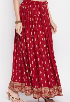 Foil Printed Rayon Skirt in Maroon