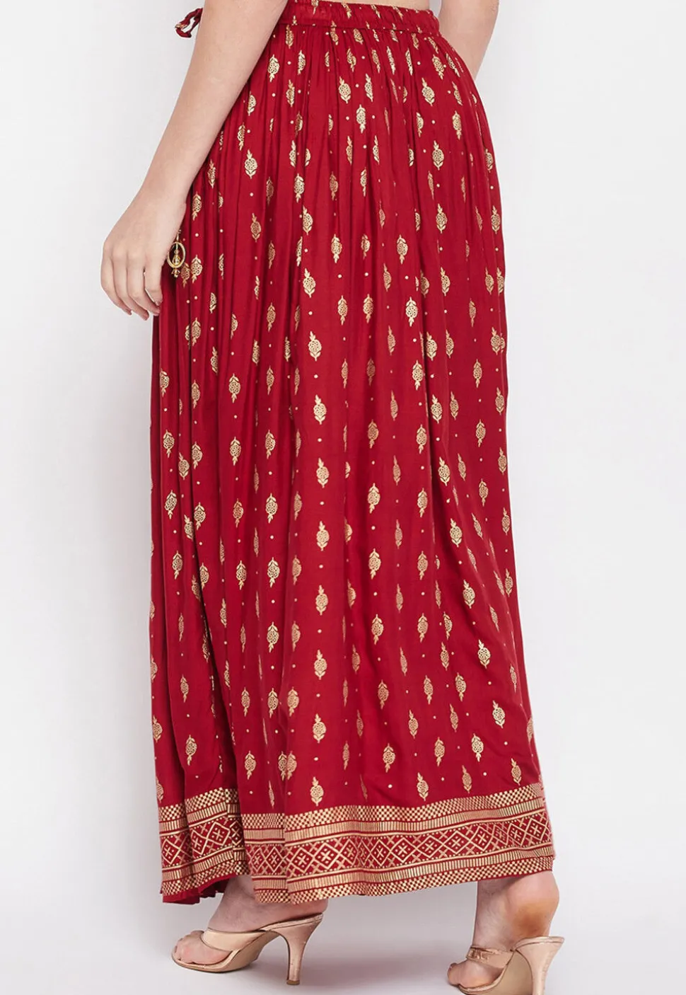 Foil Printed Rayon Skirt in Maroon