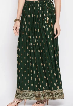 Foil Printed Rayon Skirt in Dark Green