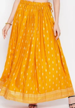 Foil Printed Rayon Skirt in Mustard