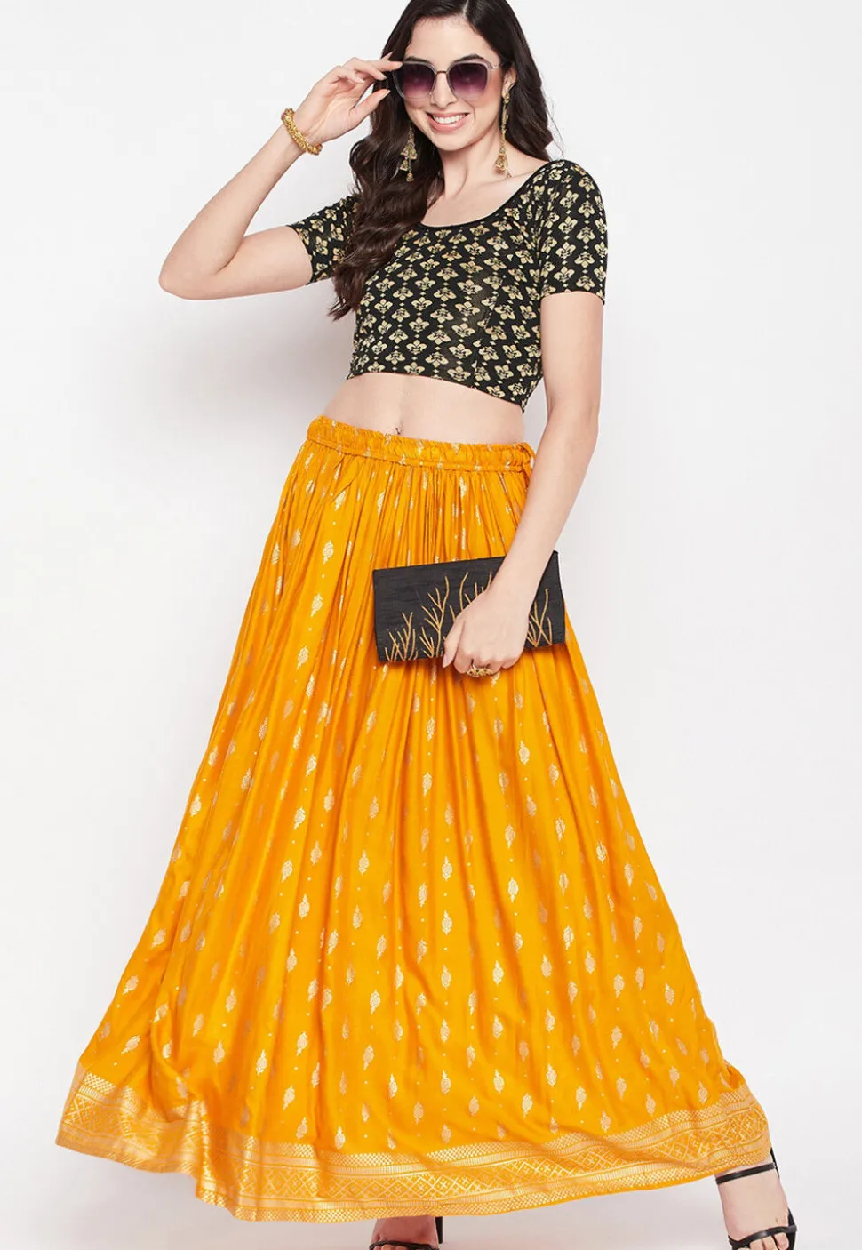 Foil Printed Rayon Skirt in Mustard
