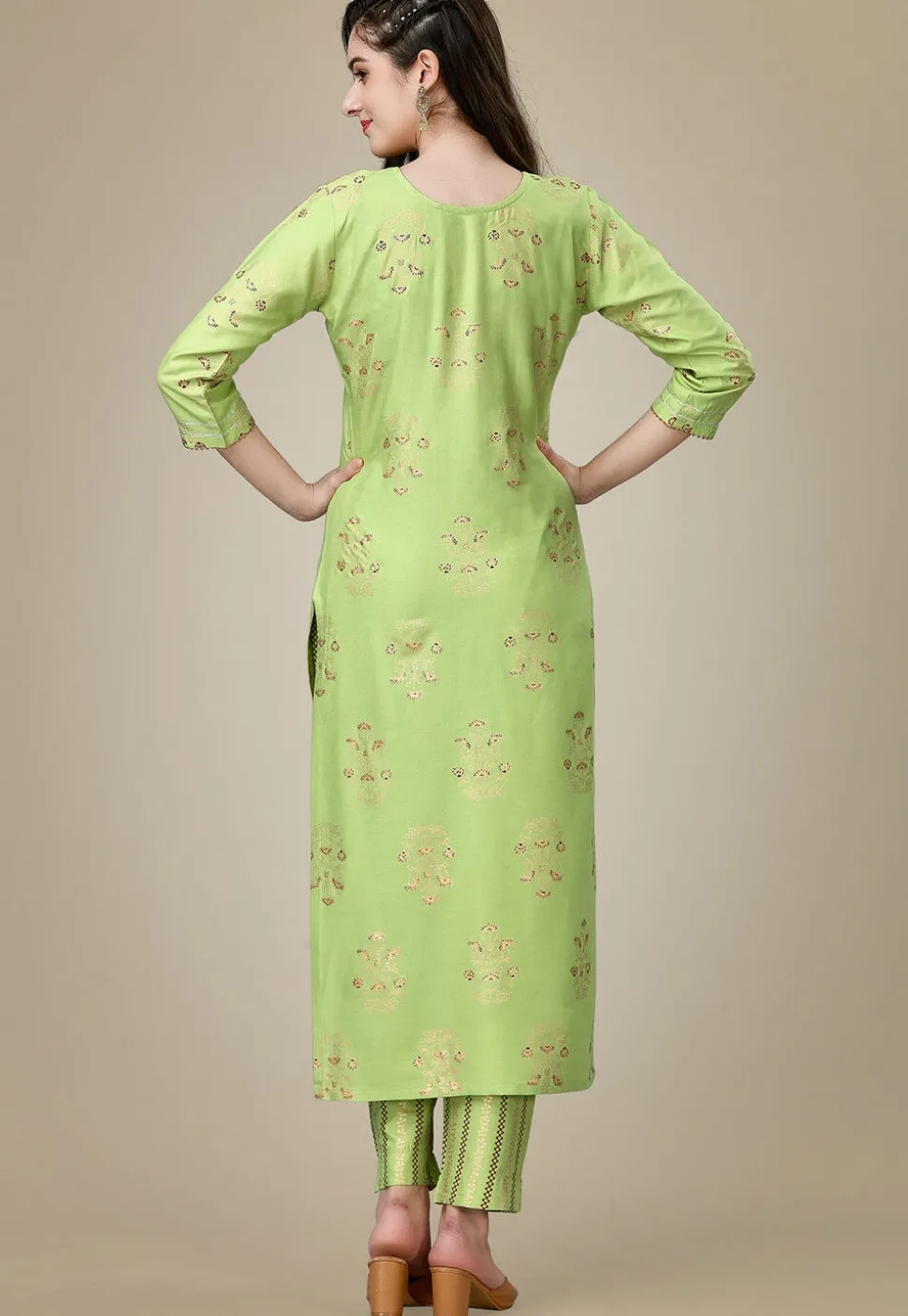 Foil Printed Rayon Straight Kurta Set in Light Green