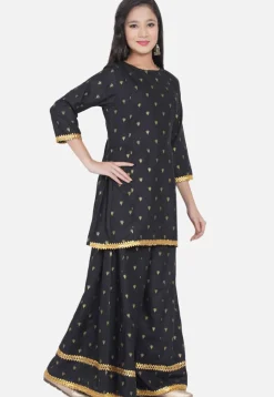 Foil Printed Rayon Straight Kurta Set in Black