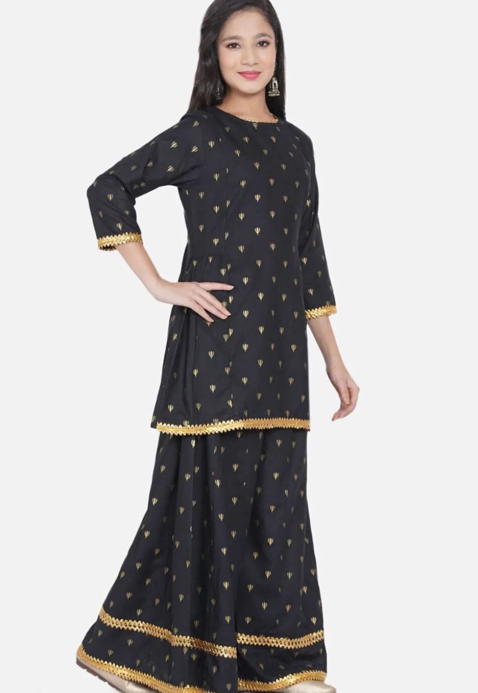 Foil Printed Rayon Straight Kurta Set in Black