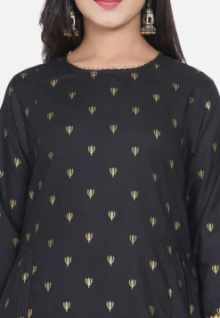 Foil Printed Rayon Straight Kurta Set in Black