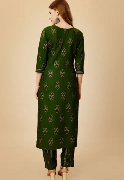 Foil Printed Rayon Straight Kurta Set in Green