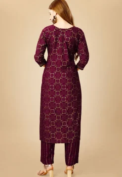 Foil Printed Rayon Straight Kurta Set in Magenta