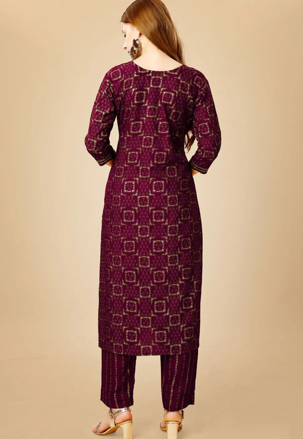 Foil Printed Rayon Straight Kurta Set in Magenta
