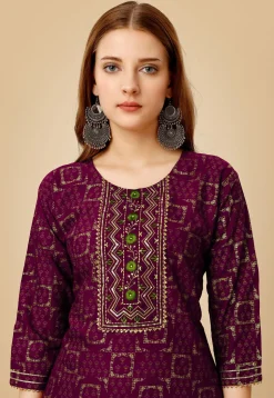 Foil Printed Rayon Straight Kurta Set in Magenta