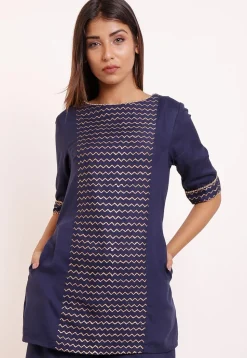 Foil Printed Rayon Tunic in Navy Blue