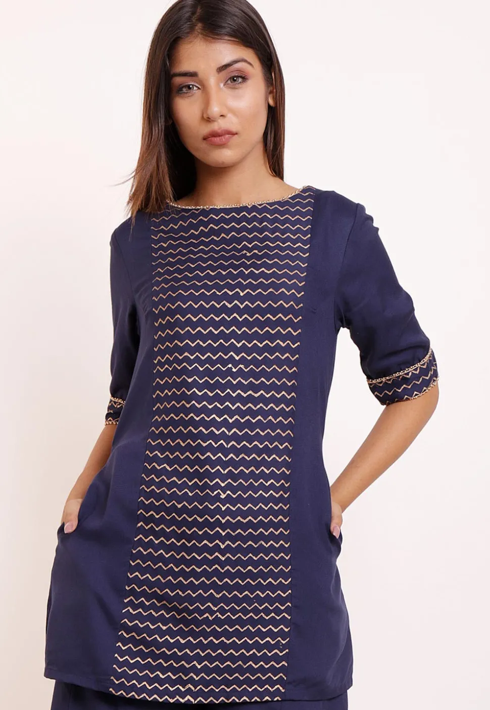 Foil Printed Rayon Tunic in Navy Blue