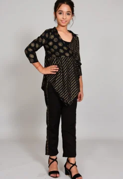 Foil Printed Rayon Wrap Around Top Set in Black
