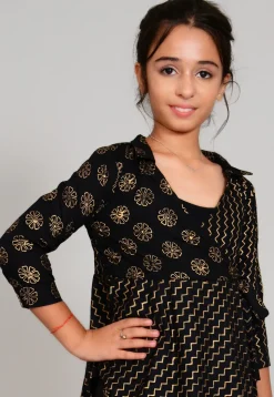 Foil Printed Rayon Wrap Around Top Set in Black