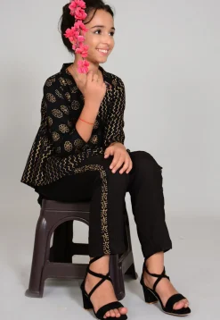 Foil Printed Rayon Wrap Around Top Set in Black