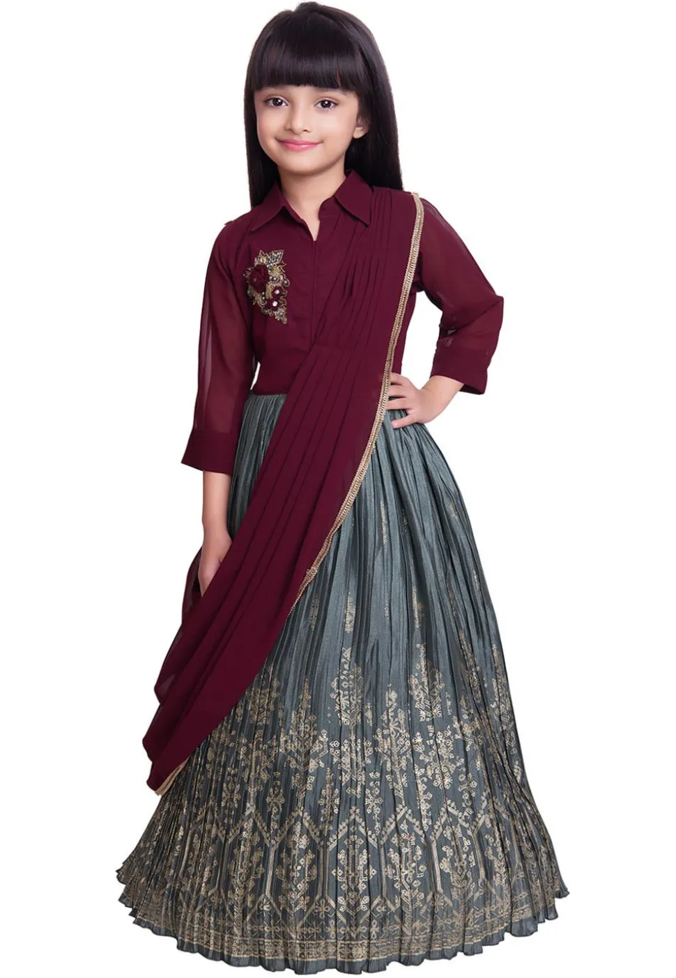 Foil Printed Satin Gown with Attachable Dupatta in Grey