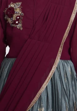 Foil Printed Satin Gown with Attachable Dupatta in Grey