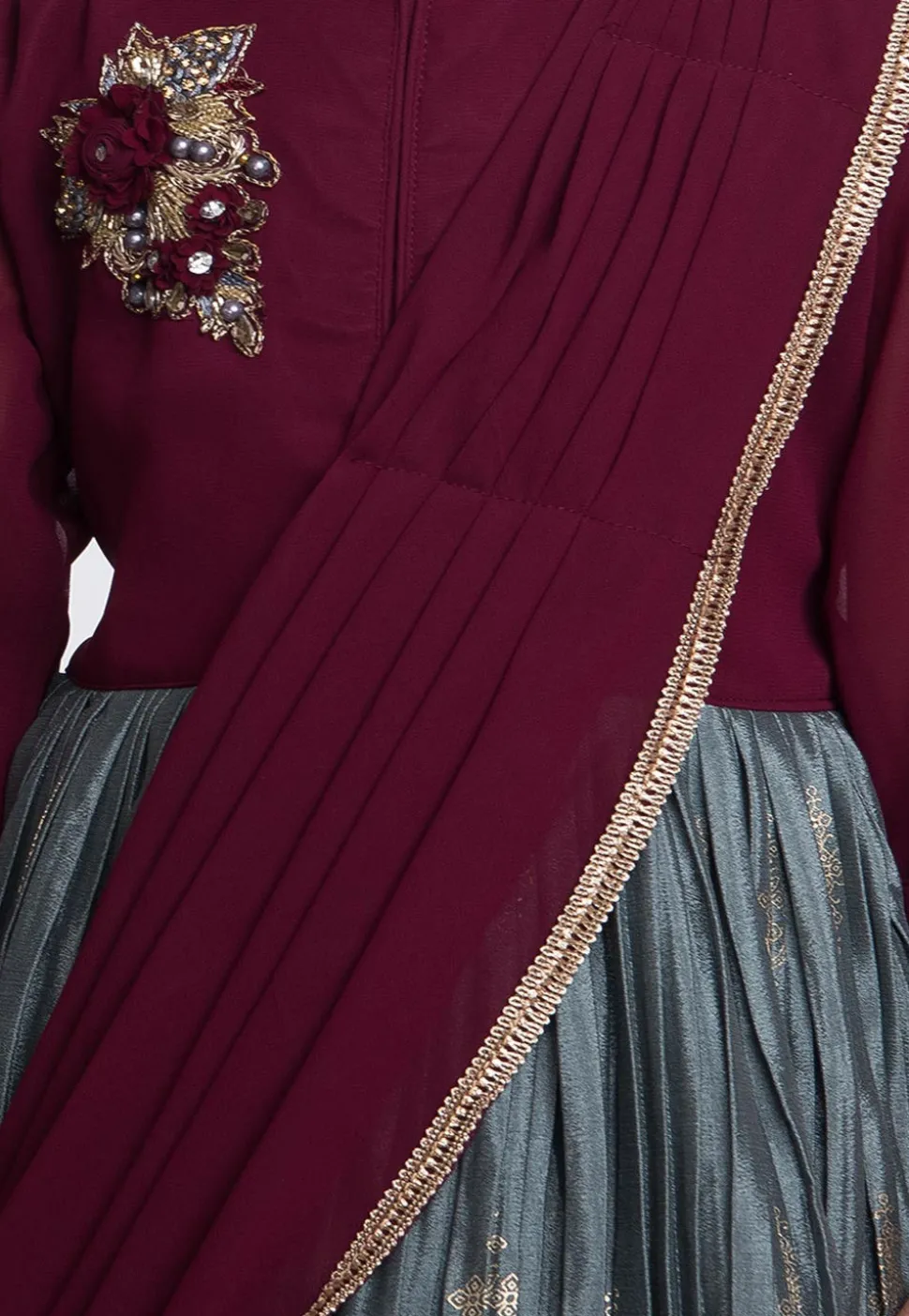 Foil Printed Satin Gown with Attachable Dupatta in Grey