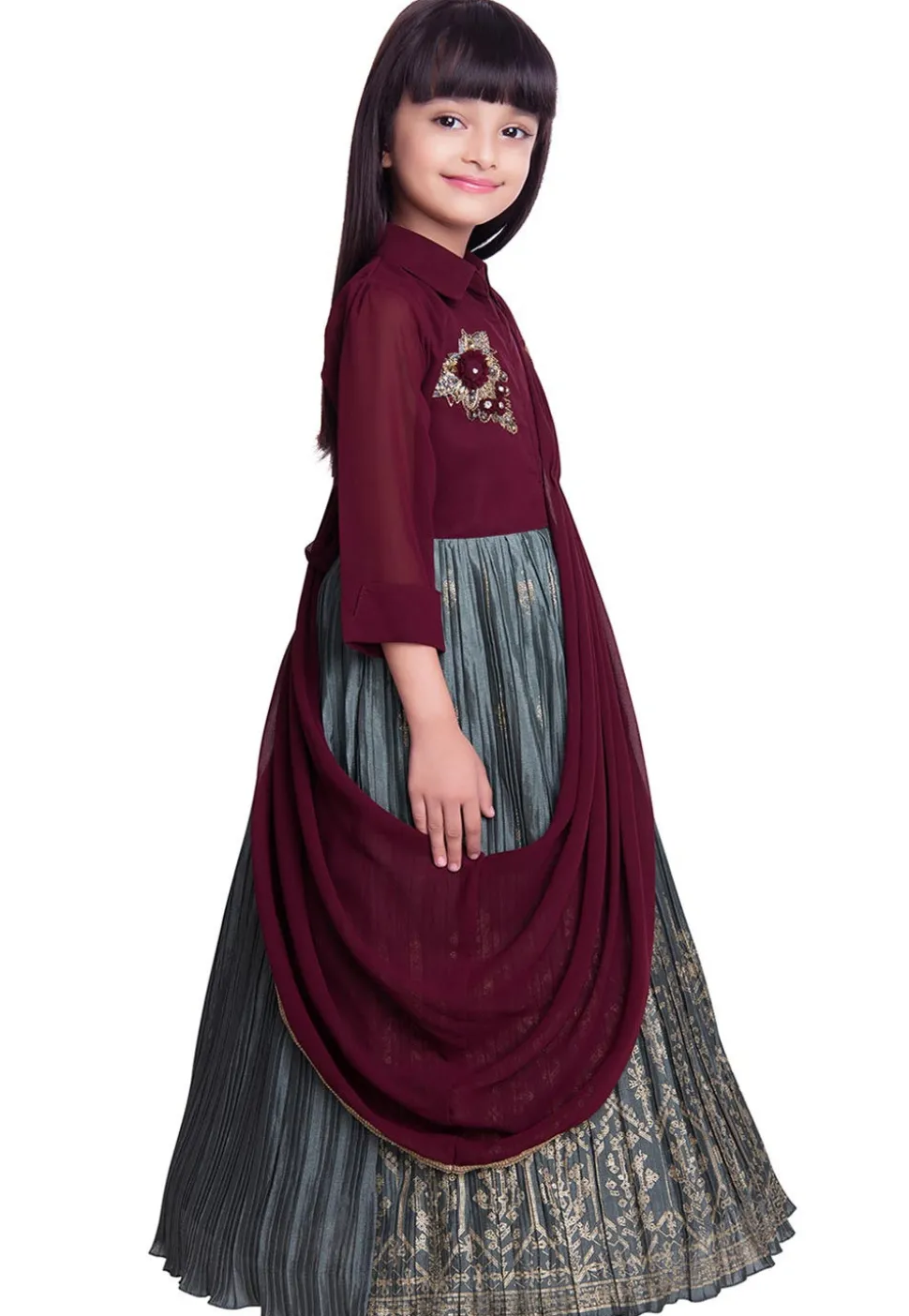 Foil Printed Satin Gown with Attachable Dupatta in Grey
