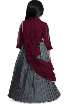 Foil Printed Satin Gown with Attachable Dupatta in Grey