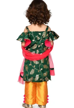 Foil Printed Satin Pakistani Suit in Dark Green