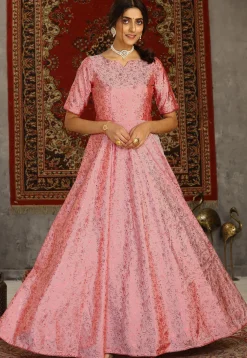 Foil Printed Taffeta Silk Gown in Peach