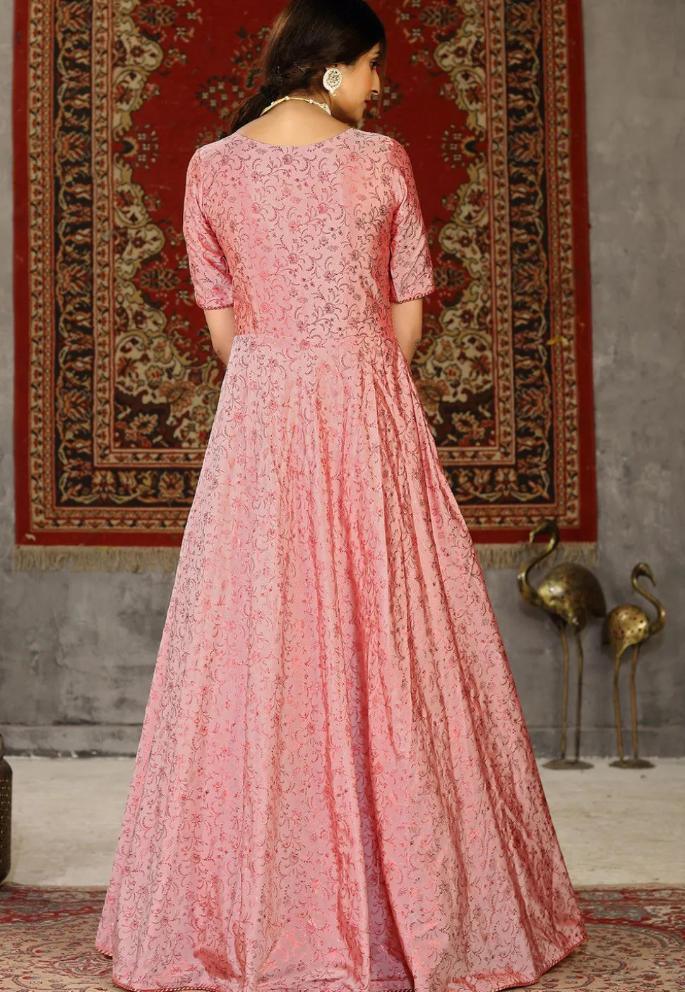 Foil Printed Taffeta Silk Gown in Peach