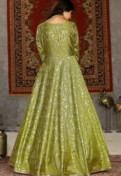Foil Printed Taffeta Silk Gown in Olive Green