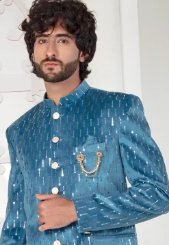 Foil Printed Velvet Jodhpuri Suit in Blue
