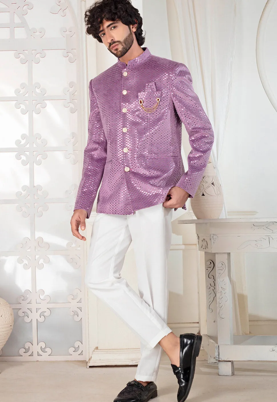 Foil Printed Velvet Jodhpuri Suit in Purple