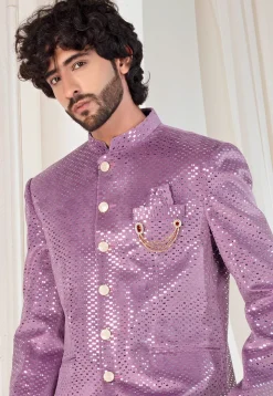 Foil Printed Velvet Jodhpuri Suit in Purple