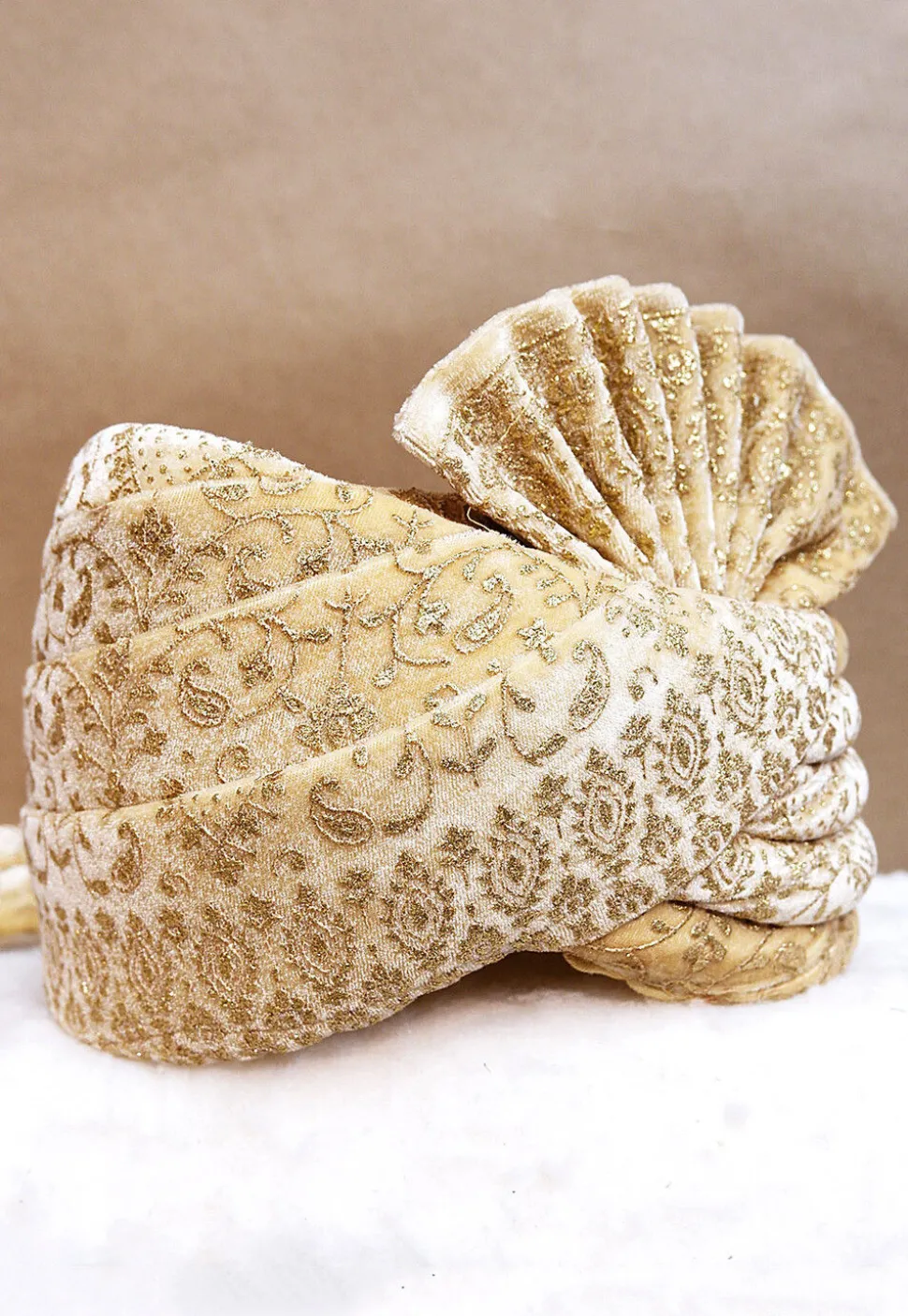 Foil Printed Velvet Turban in Beige