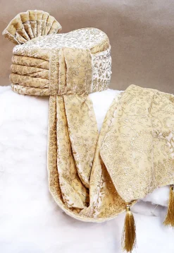 Foil Printed Velvet Turban in Beige