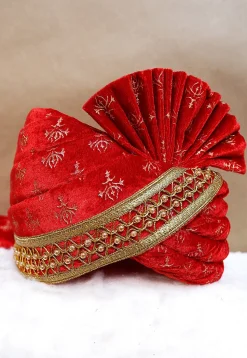 Foil Printed Velvet Turban in Red