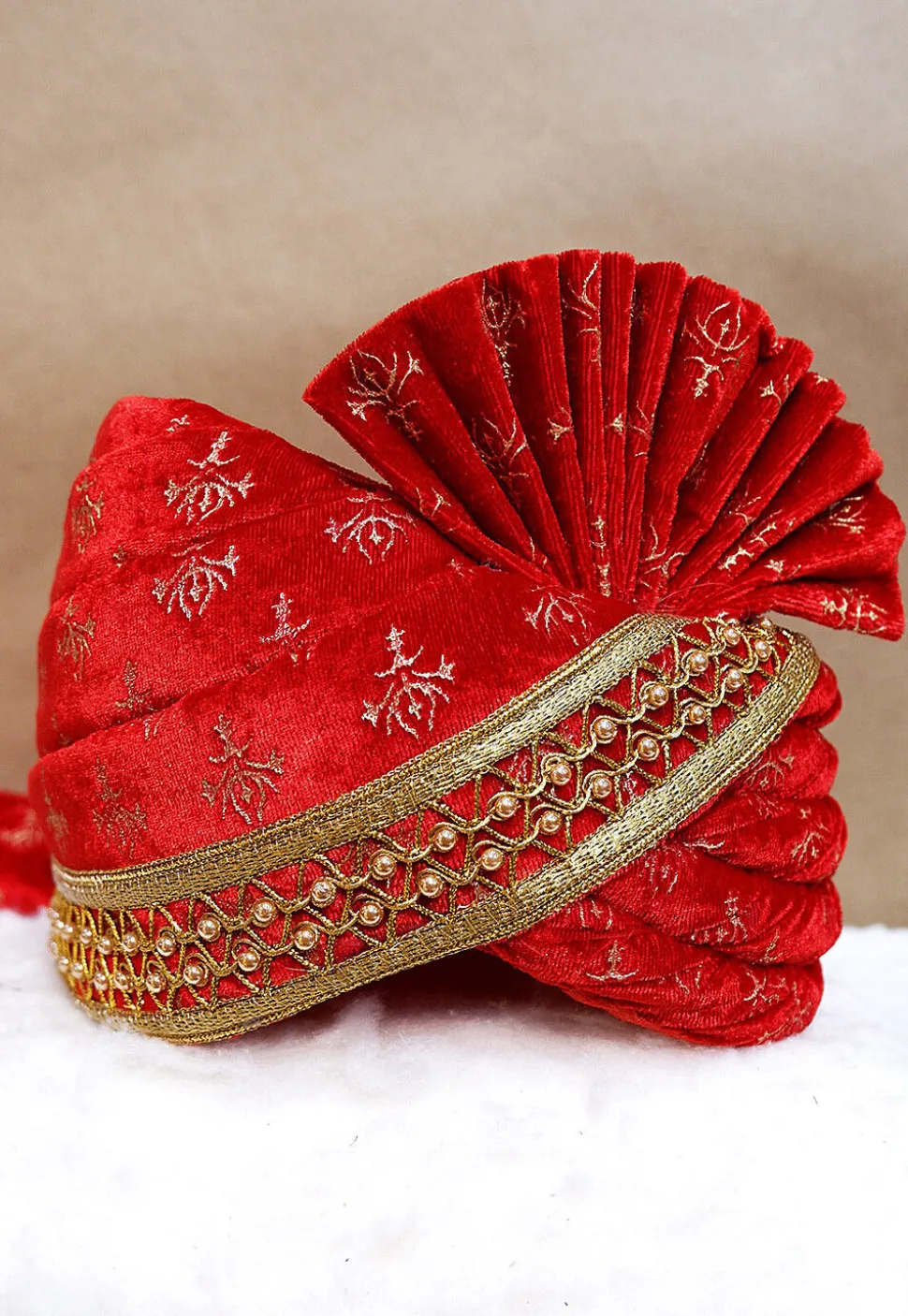 Foil Printed Velvet Turban in Red