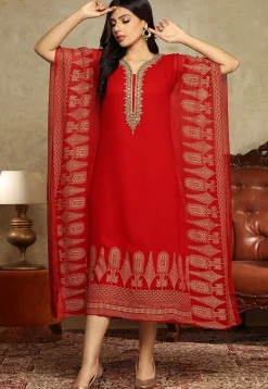 Foil Printed Vicose Georgette Kaftan Kurta in Red