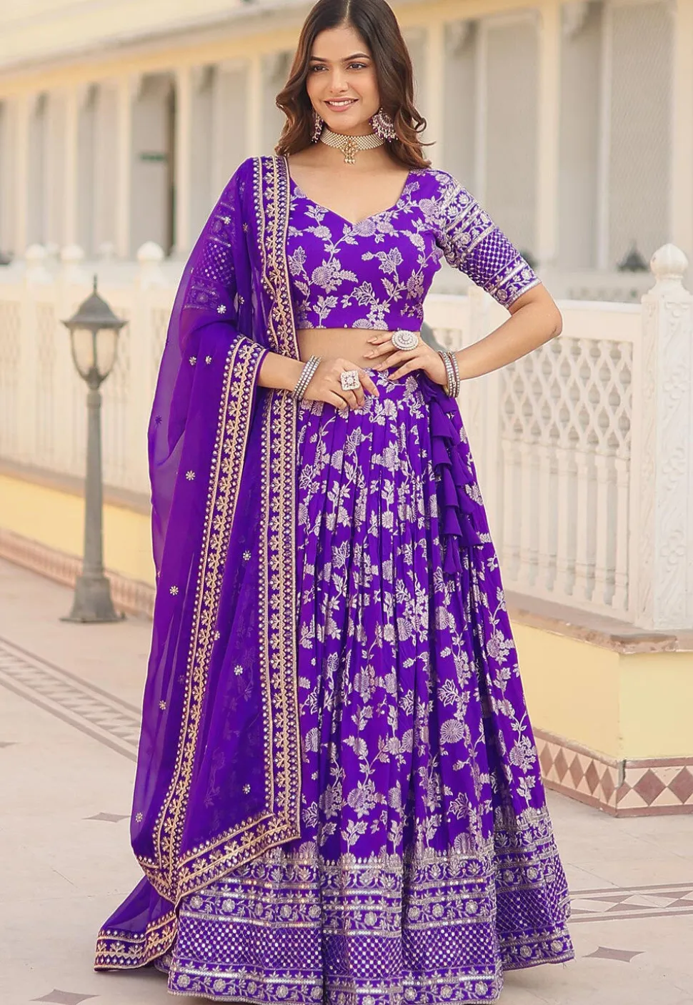 Foil Printed Viscose Lehenga in Purple