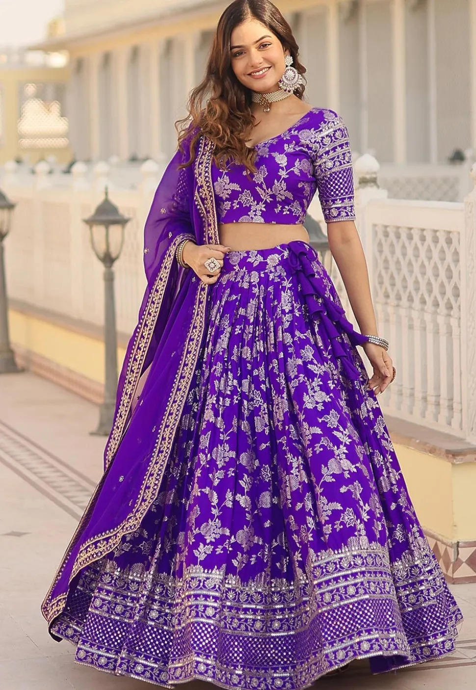 Foil Printed Viscose Lehenga in Purple