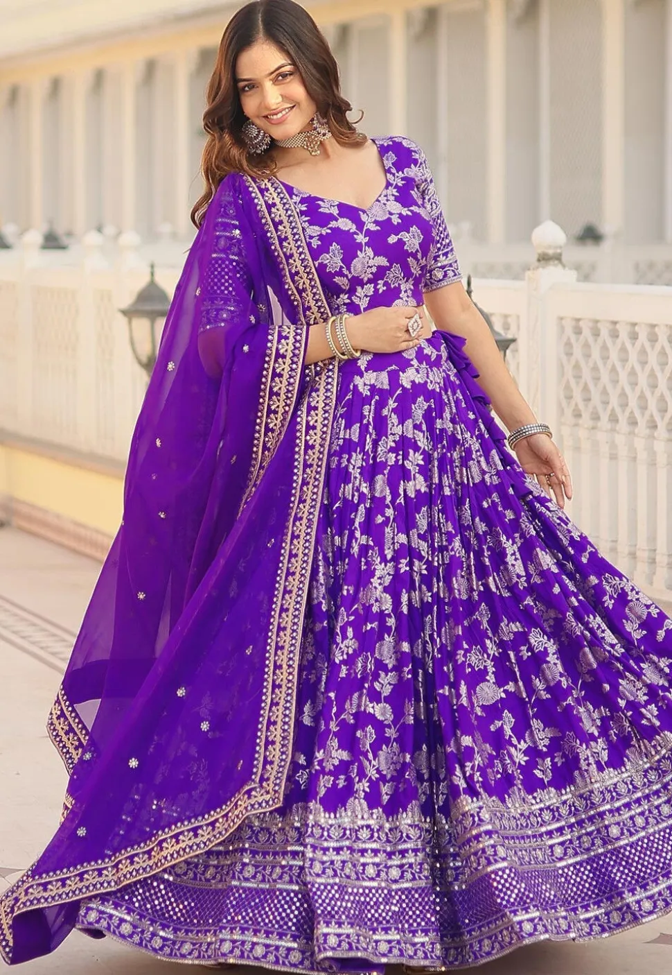 Foil Printed Viscose Lehenga in Purple